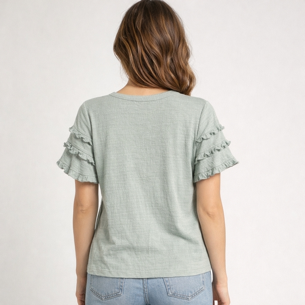 Sage Green Ruffle Sleeve Top – Soft Ribbed Summer Blouse Sz M C31 - Picture 2 of 5
